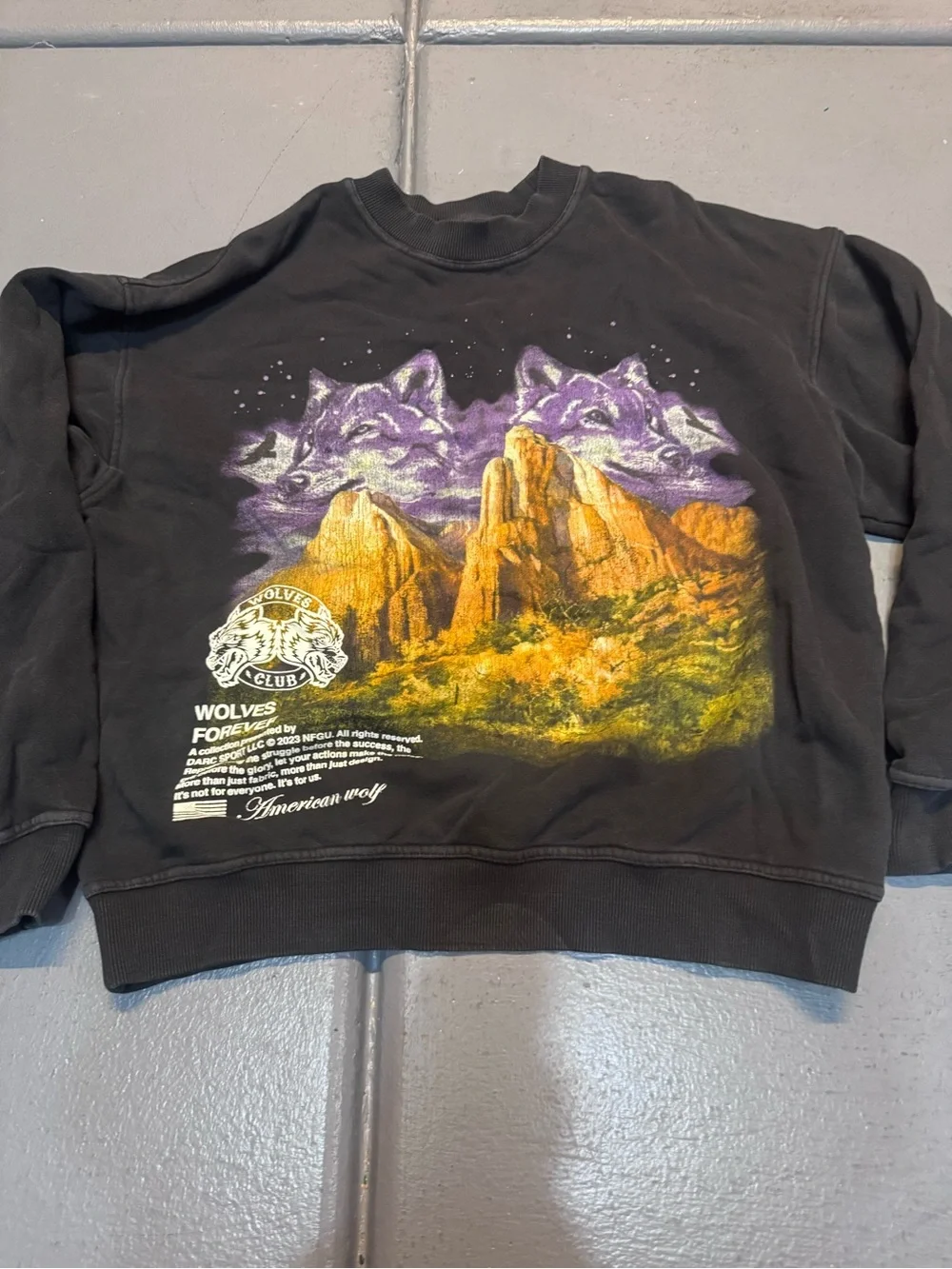 Darc Sport Black Crewneck Sweatshirt with Purple & Gold Wolves Graphic
